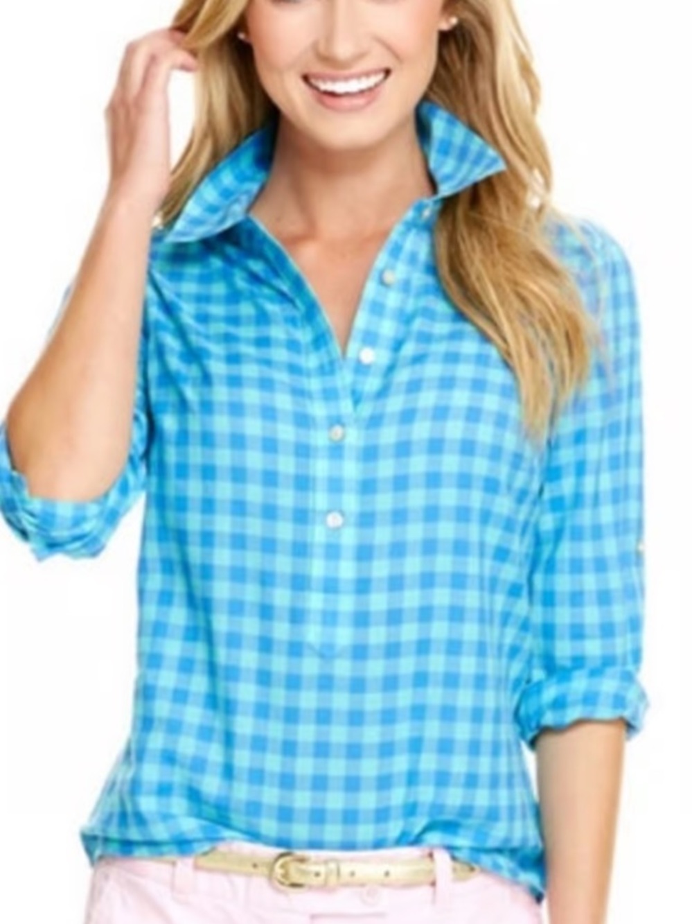 Vineyard Vine Blue Gingham Popover Top, Size 14